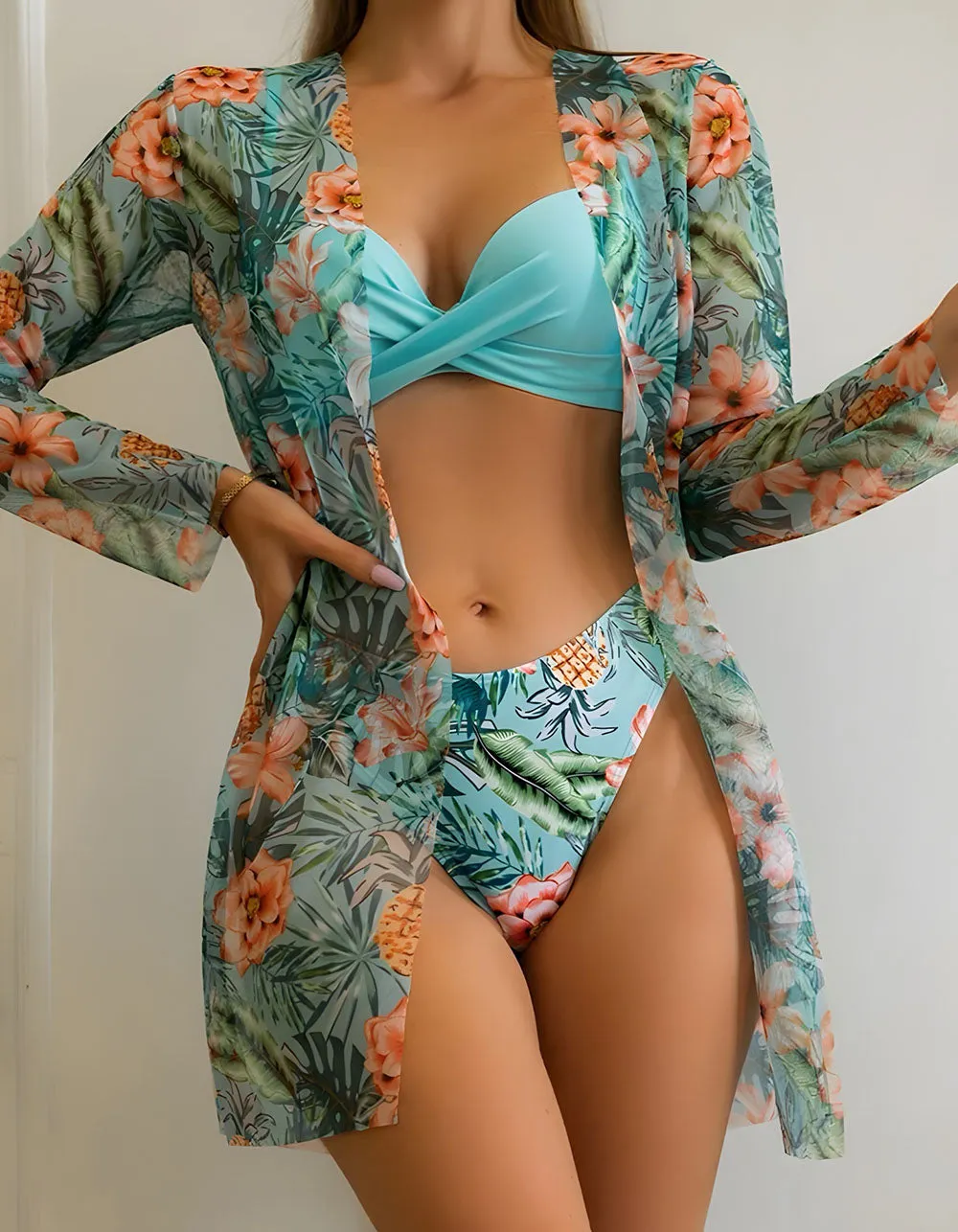 Floral Print Three-piece Backless Bikini  Cover Up Sets