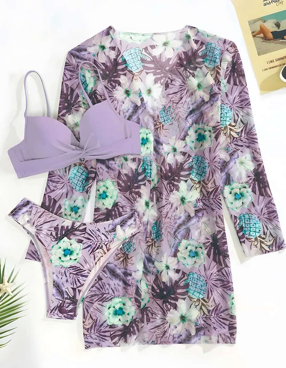 Floral Print Three-piece Backless Bikini  Cover Up Sets