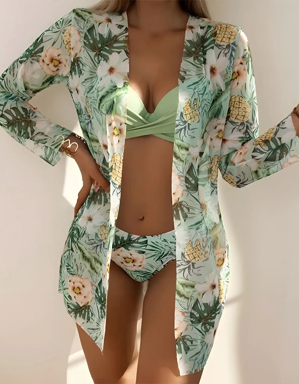 Floral Print Three-piece Backless Bikini  Cover Up Sets