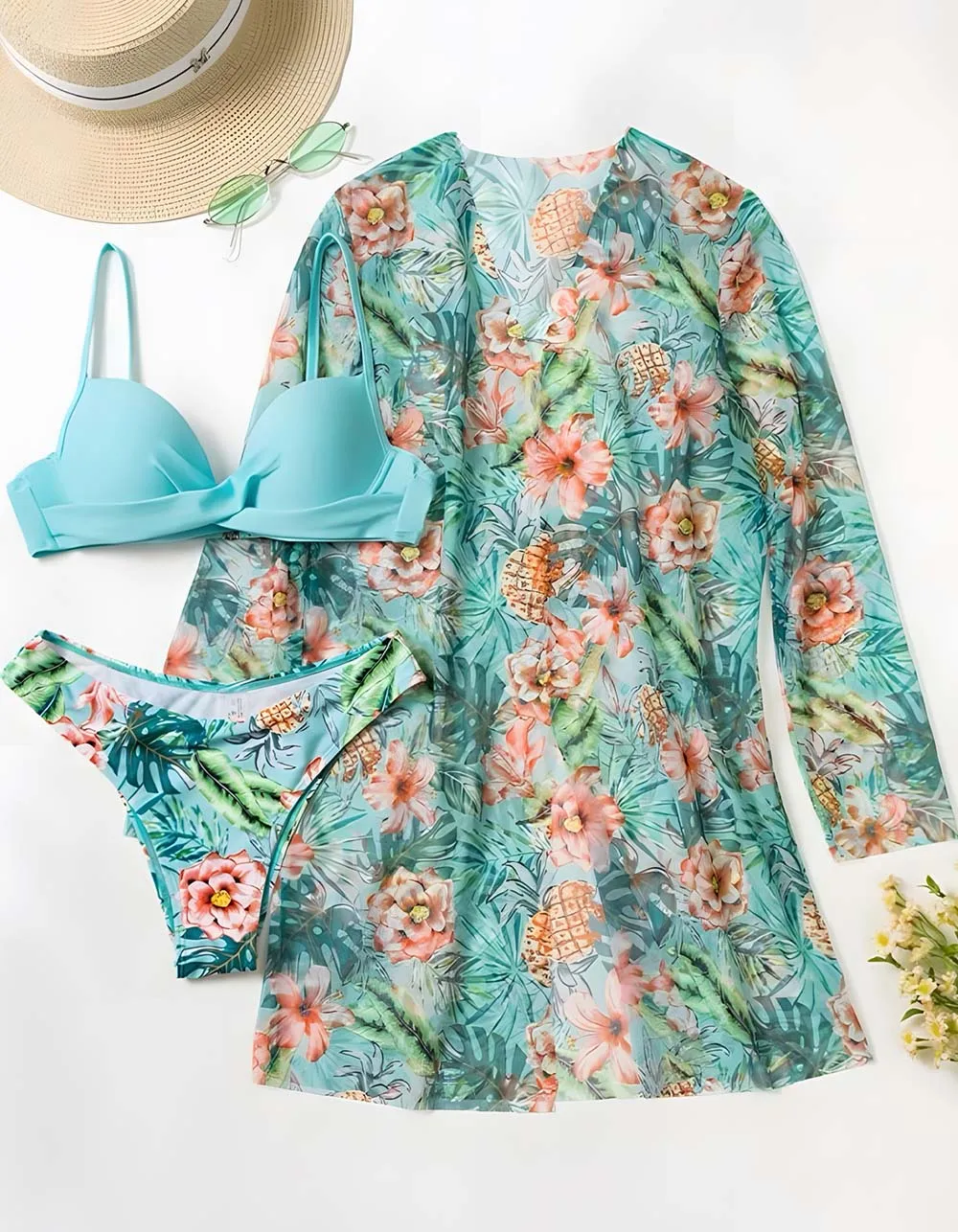 Floral Print Three-piece Backless Bikini  Cover Up Sets