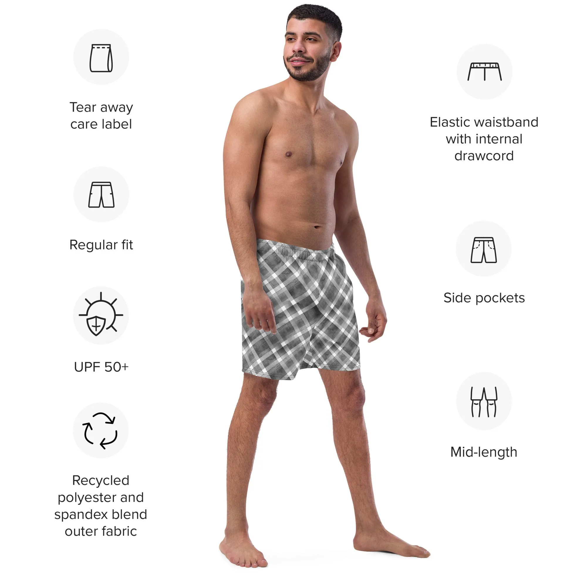 Gingham swim trunks for men