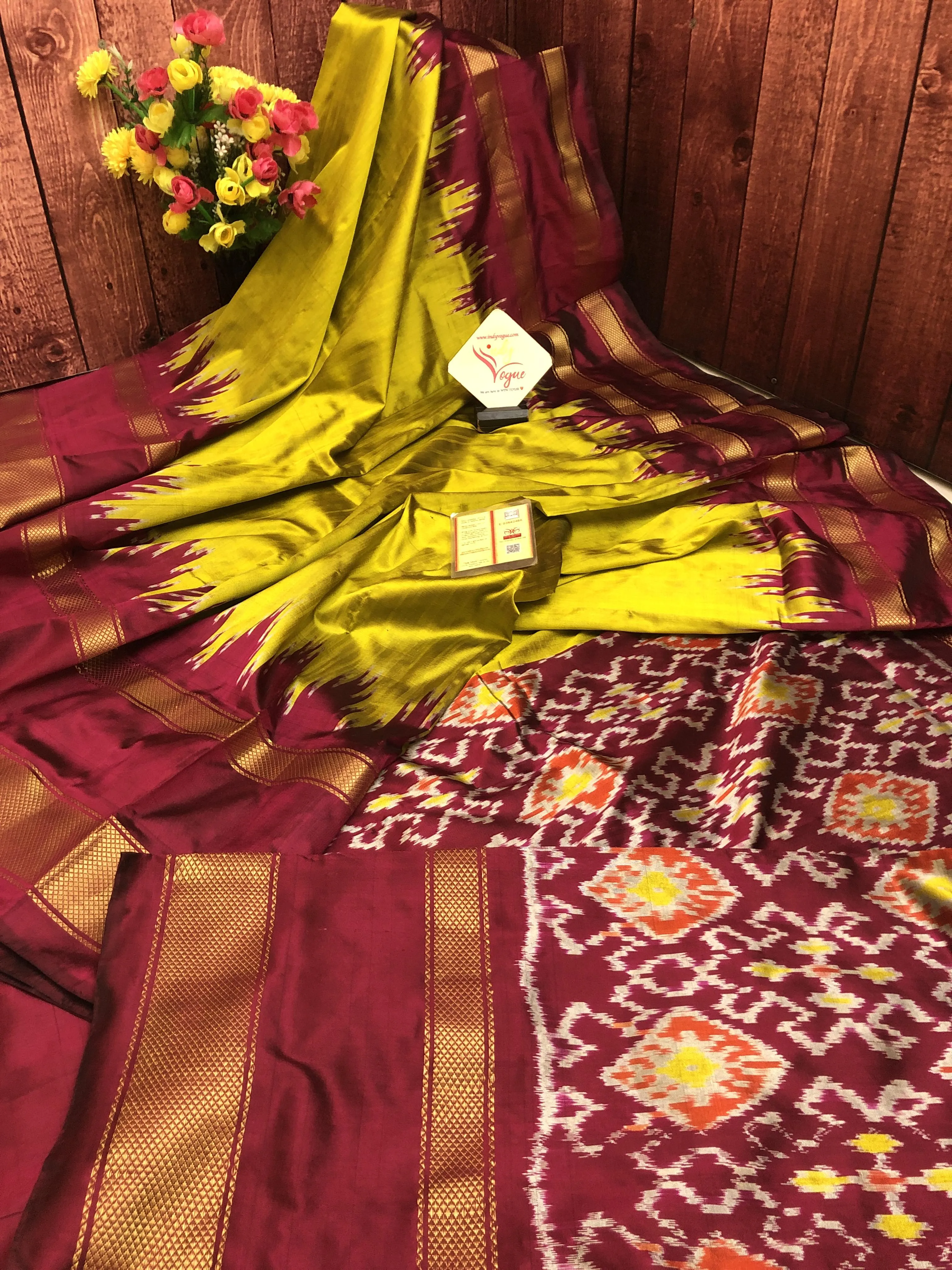 Golden Green Color Pure Ikat Silk Saree