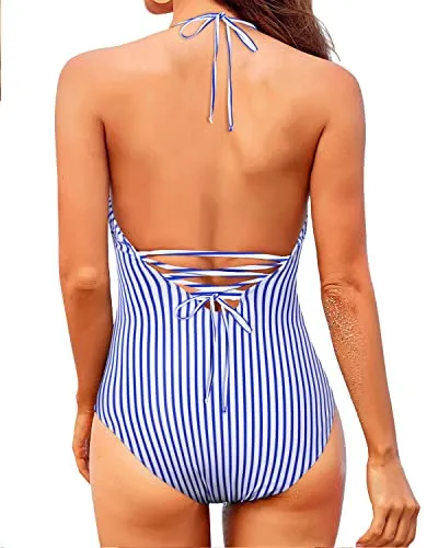 Halter V Neck Tummy Control Swimsuits Women's One Piece Bathing Suits