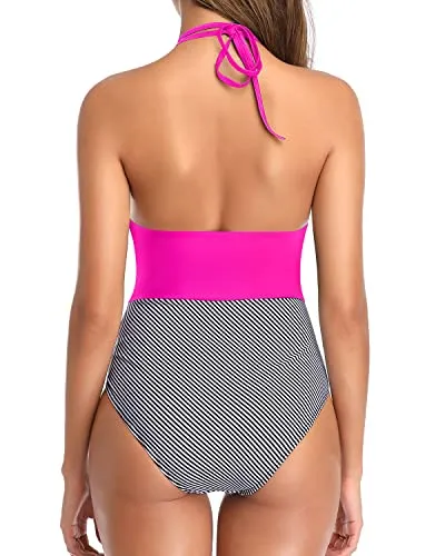 Halter Women Swimsuit Sexy V Neck Tummy Control One Piece Bathing Suit-Hot Pink Stripe