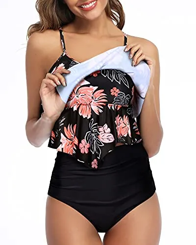 High Waisted Bikini Bottoms Ruched Bikini Sets For Teen Girls-Black Orange Floral