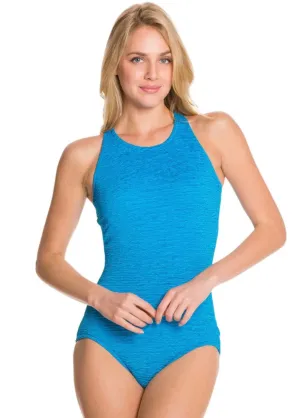 KRINKLE CHLORINE RESISTANT HIGH NECK MAILLOT ONE PIECE SWIMSUIT - TURQUOISE