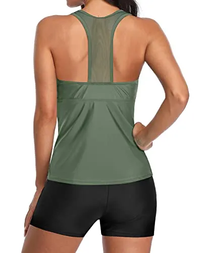 Lace Up Athletic Tummy Control Two Piece Tankini Swimsuits For Women-Olive Green