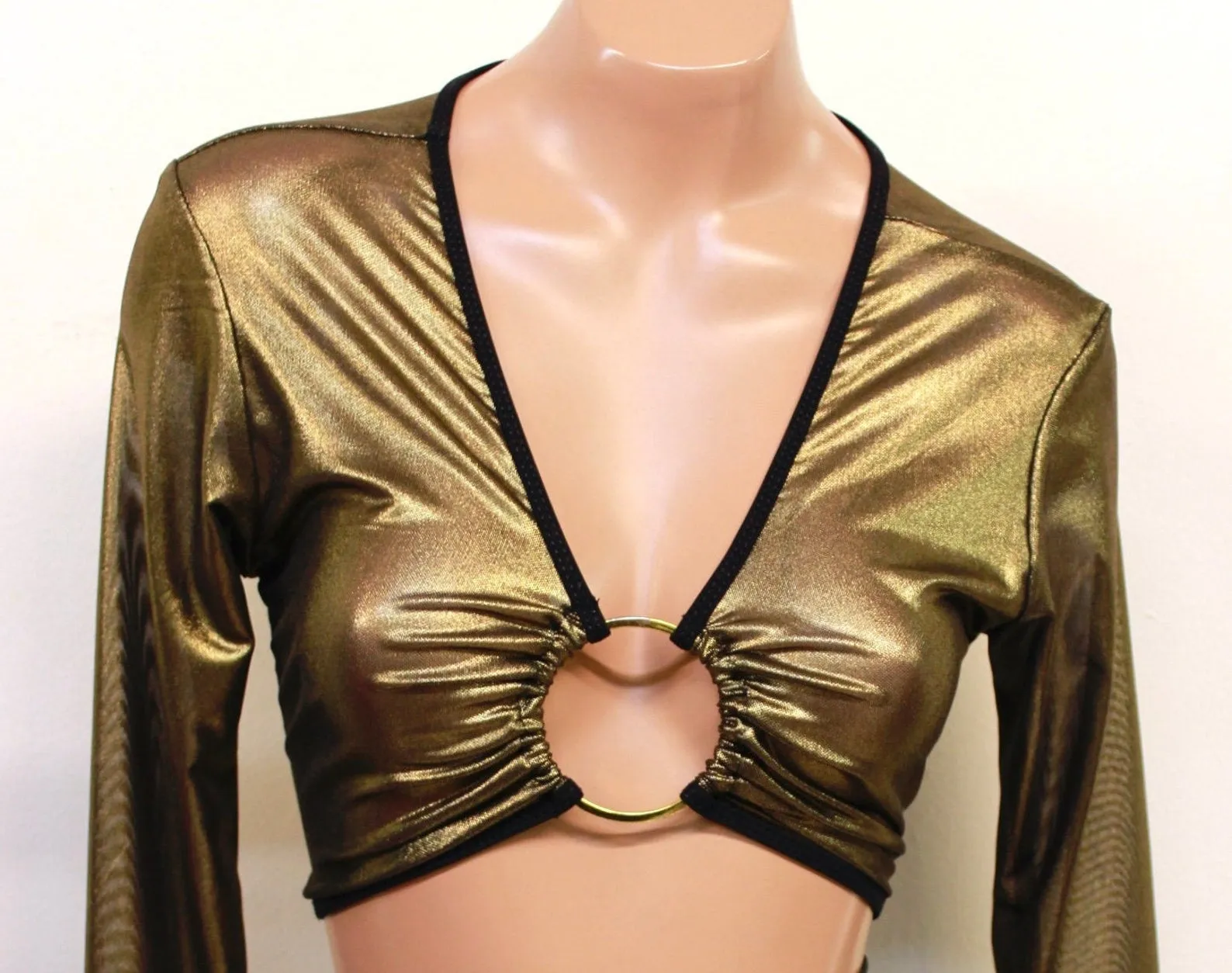 Long Sleeve Ring Top in Gold Metallic Mesh