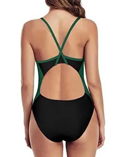 Moderate Neckline One Piece Swimsuits Sport Swimwear-Black Green