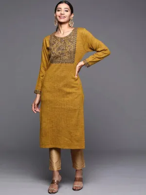 Mustard Yoke Design Wool Straight Kurta