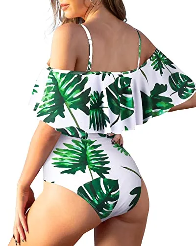 Off Shoulder Ruffled Tummy Control One Piece Bathing Suit Swimwear-Green Leaf