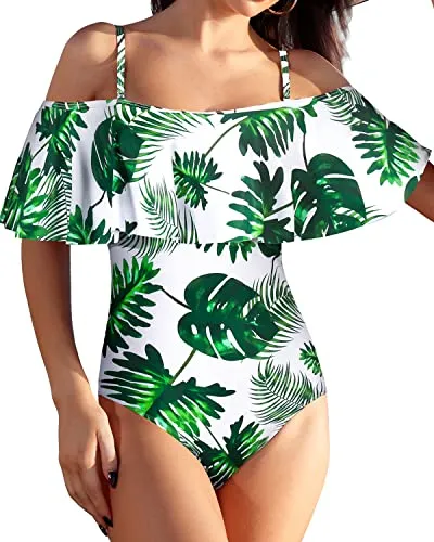 Off Shoulder Ruffled Tummy Control One Piece Bathing Suit Swimwear-Green Leaf