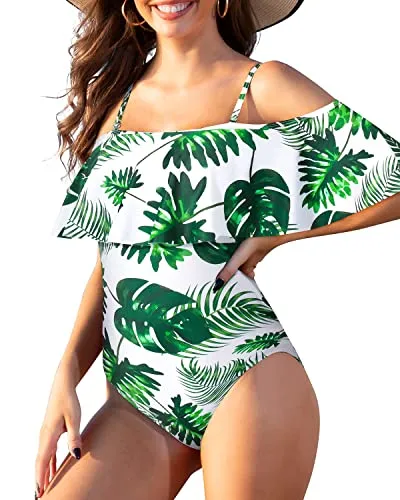 Off Shoulder Ruffled Tummy Control One Piece Bathing Suit Swimwear-Green Leaf