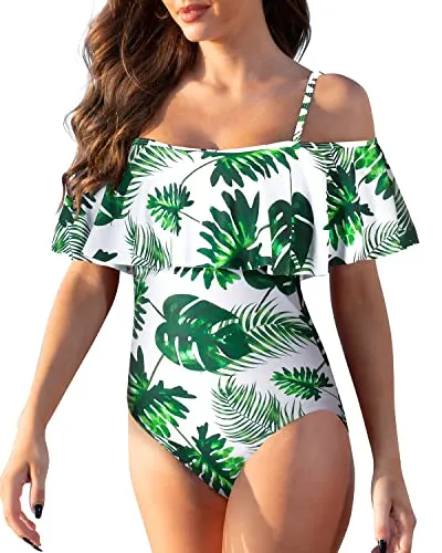 Off Shoulder Ruffled Tummy Control One Piece Bathing Suit Swimwear-Green Leaf