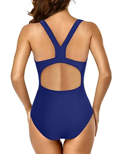 One Piece Bathing Suit Competitive Racerback Swimsuit Athletic Swimwear-Blue