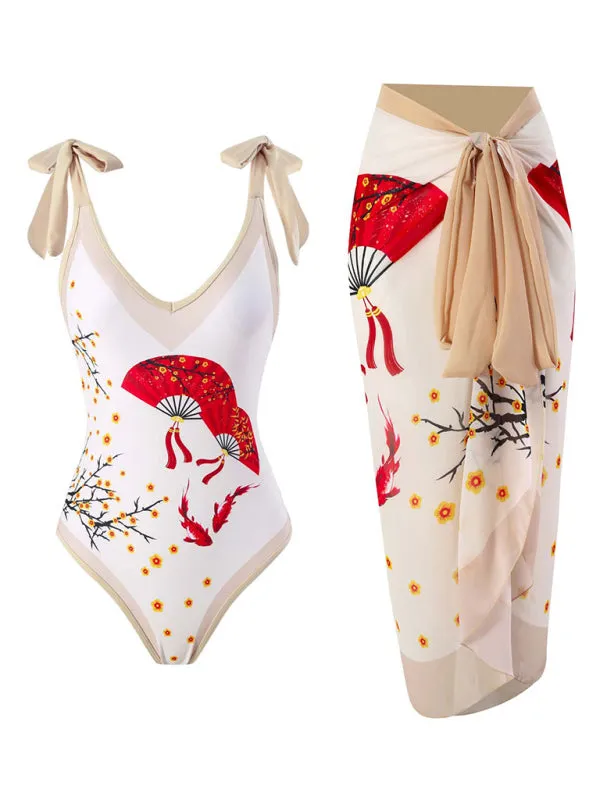 One-Piece Contrast Floral Wireless Swimwear with Wrap Skirt Cover-Up