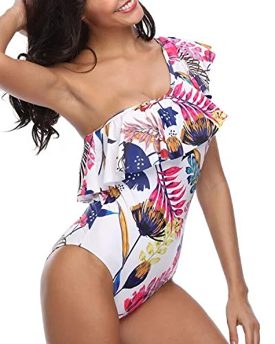 One Shoulder One Piece Swimsuits Asymmetric Ruched Swimwear-Color