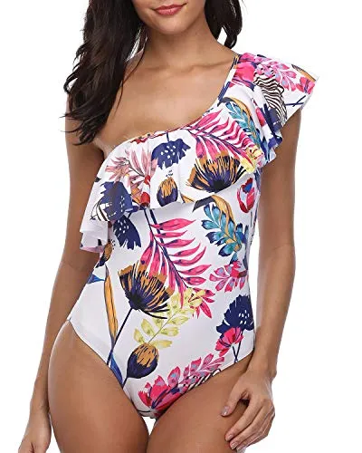 One Shoulder One Piece Swimsuits Asymmetric Ruched Swimwear-Color