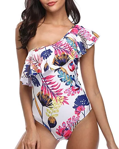 One Shoulder One Piece Swimsuits Asymmetric Ruched Swimwear-Color