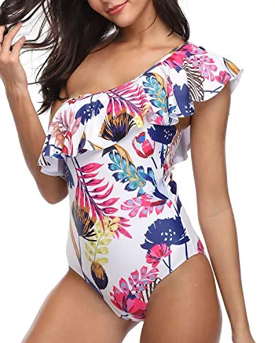 One Shoulder One Piece Swimsuits Asymmetric Ruched Swimwear-Color