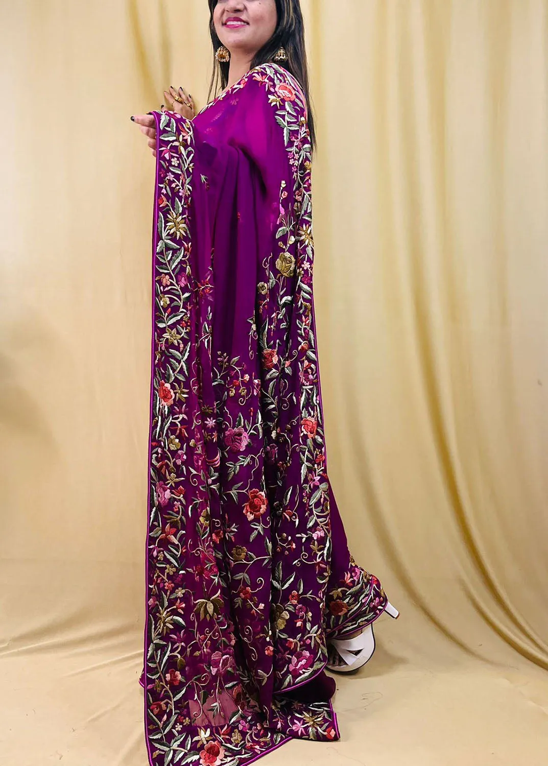 Parsi Gara Georgette Saree: Exquisite Hand Embroidery in Purple