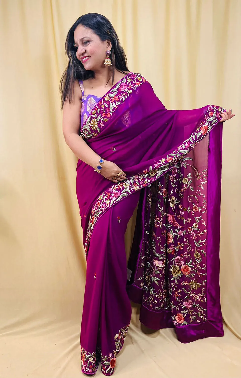 Parsi Gara Georgette Saree: Exquisite Hand Embroidery in Purple