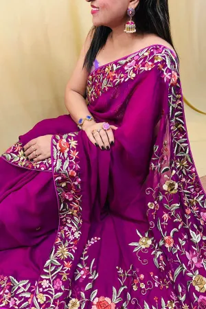 Parsi Gara Georgette Saree: Exquisite Hand Embroidery in Purple