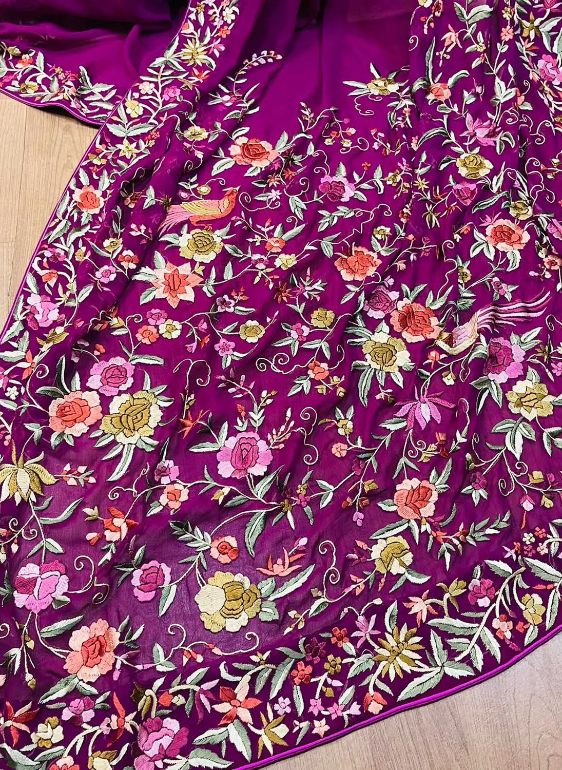 Parsi Gara Georgette Saree: Exquisite Hand Embroidery in Purple