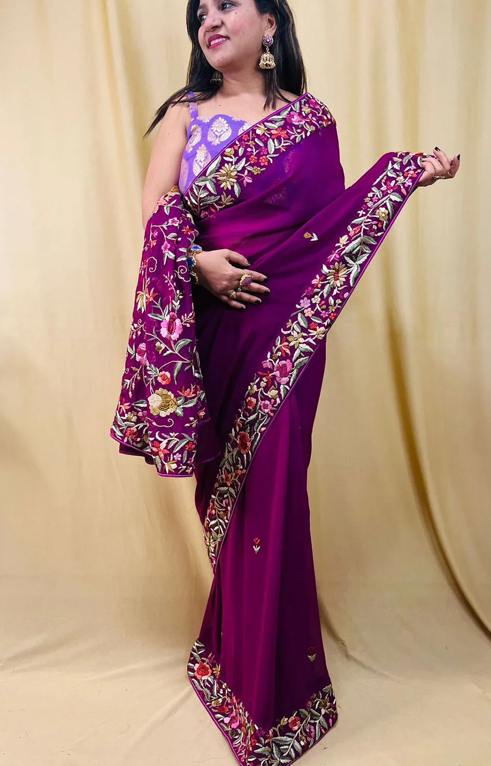 Parsi Gara Georgette Saree: Exquisite Hand Embroidery in Purple