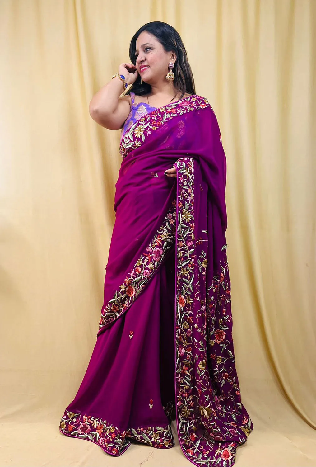 Parsi Gara Georgette Saree: Exquisite Hand Embroidery in Purple