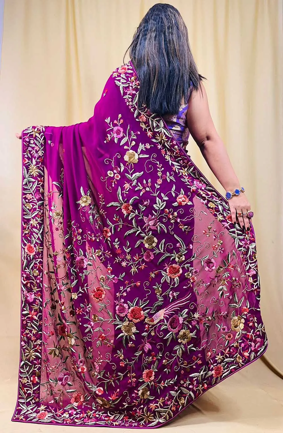 Parsi Gara Georgette Saree: Exquisite Hand Embroidery in Purple