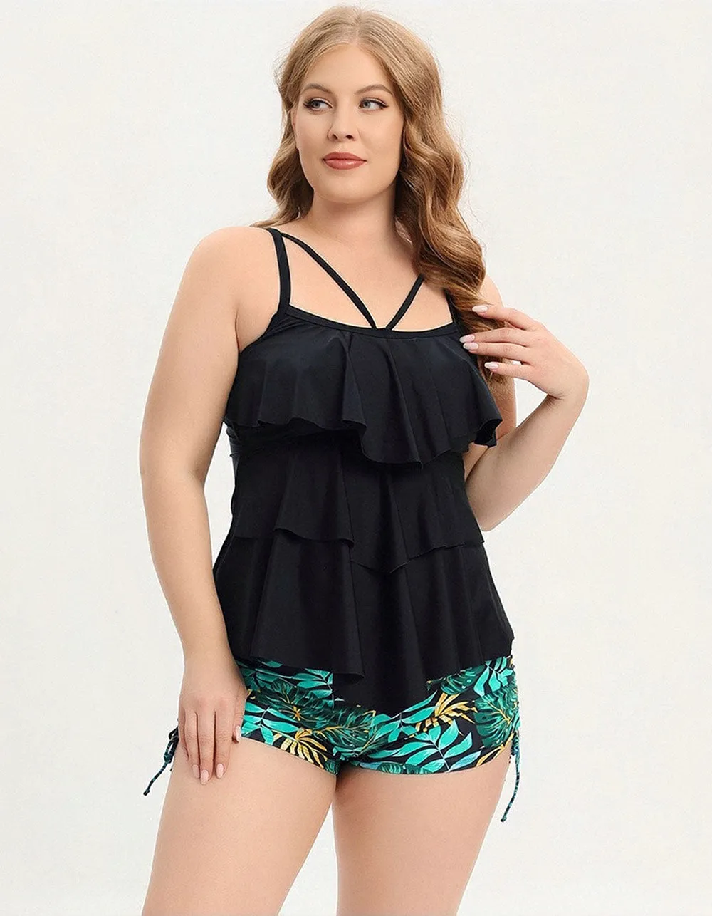 Plus Size Strap Backless Printed Two-piece Bikini Swimwear Sets