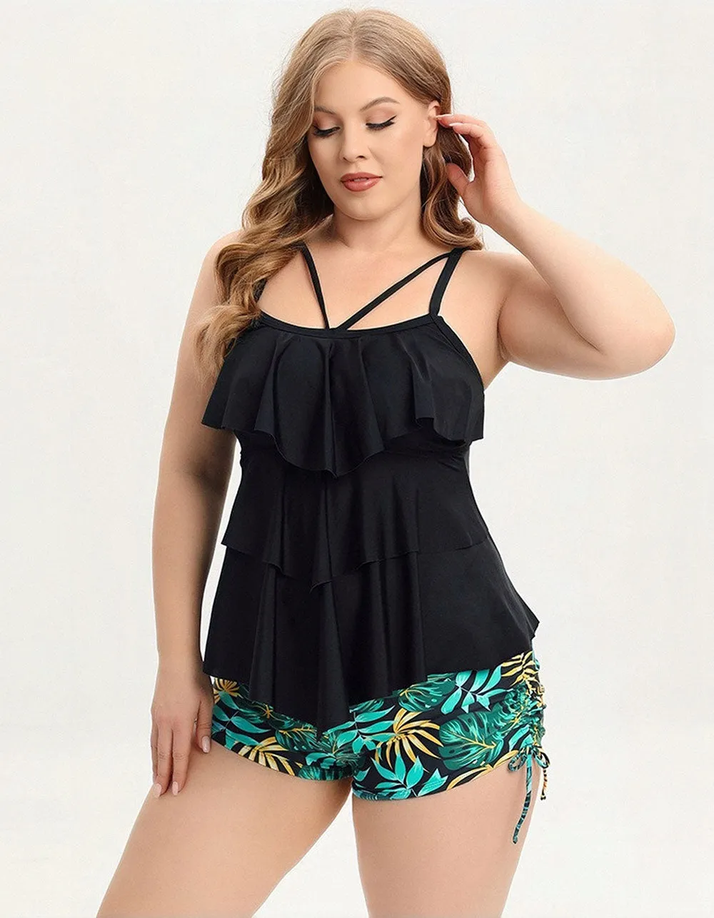 Plus Size Strap Backless Printed Two-piece Bikini Swimwear Sets