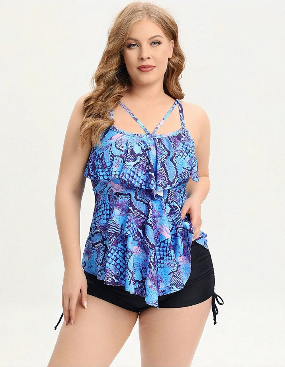 Plus Size Strap Backless Printed Two-piece Bikini Swimwear Sets