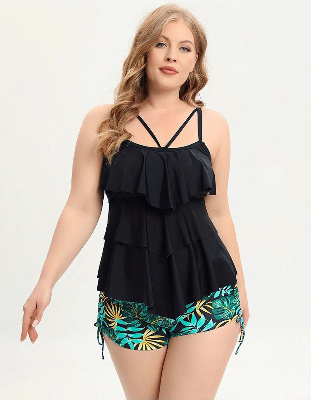 Plus Size Strap Backless Printed Two-piece Bikini Swimwear Sets