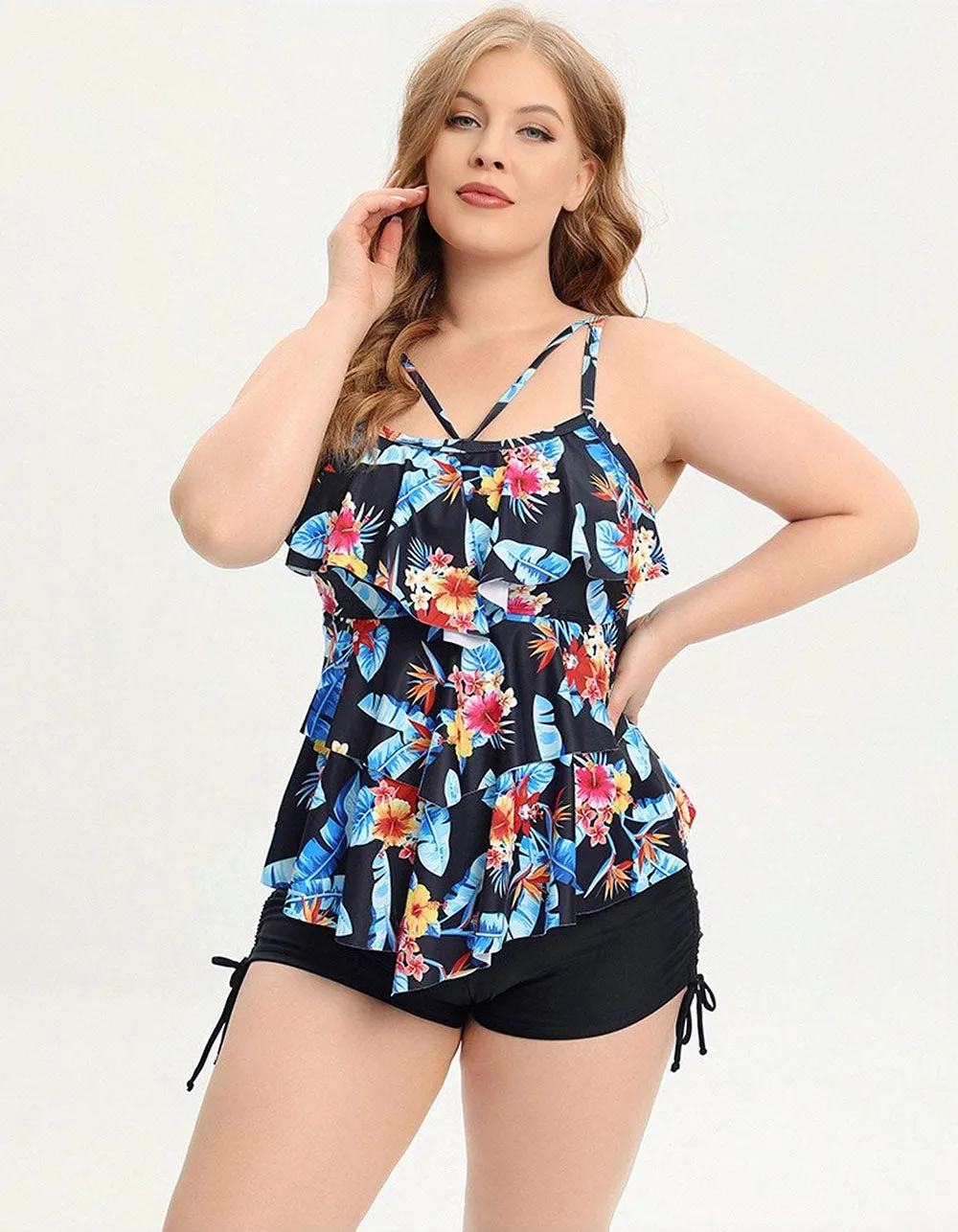 Plus Size Strap Backless Printed Two-piece Bikini Swimwear Sets