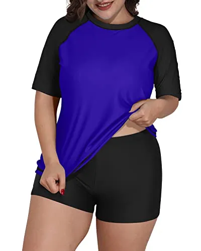 Plus Size Women's Protective Rashguard Swimsuit-Blue