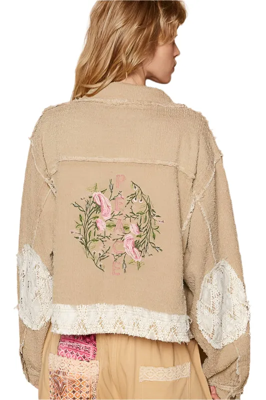 POL Crochet Patch Embroidered Button Up Jacket