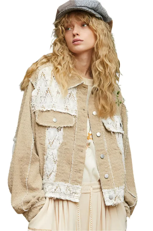 POL Crochet Patch Embroidered Button Up Jacket