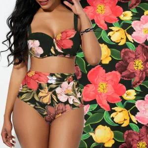 Premium Digital Printed Swimwear Lycra Design-13 Large Red Flowers on Dark Green