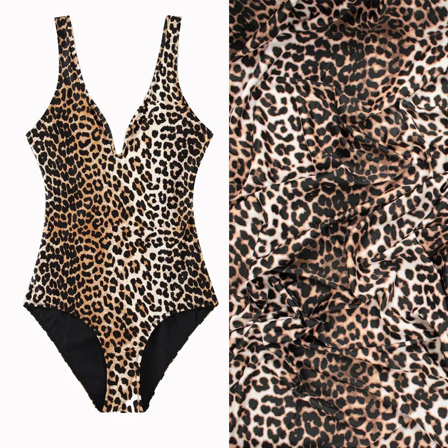 Premium Digital Printed Swimwear Lycra Design-15 Black & Brown Leopard