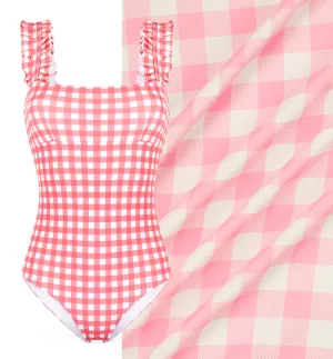 Premium Digital Printed Swimwear Lycra Design-19 Baby Pink Checks