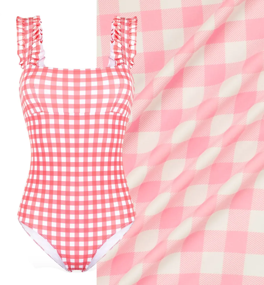 Premium Digital Printed Swimwear Lycra Design-19 Baby Pink Checks