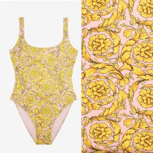 Premium Digital Printed Swimwear Lycra Design-9 Yellow Florals on Pink