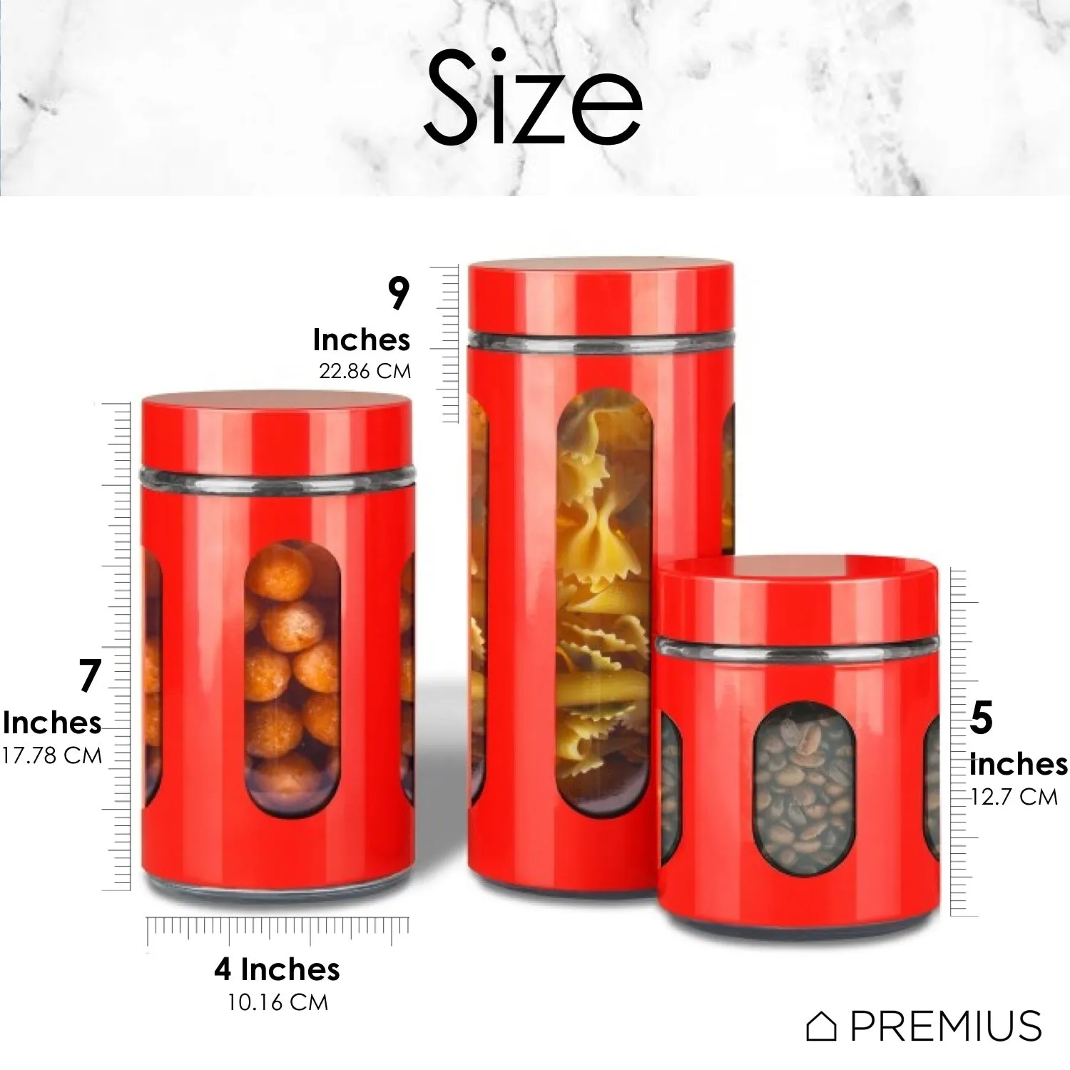 Premius Airtight 3-Piece Kitchen Glass Canister Set, Red