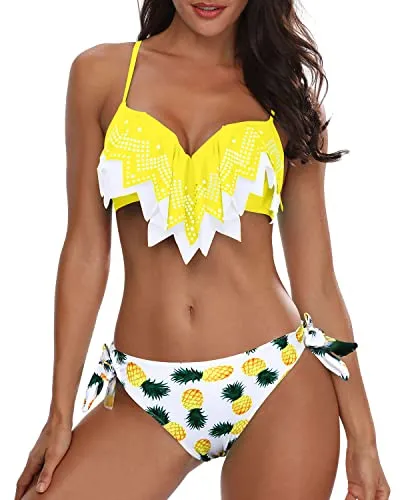 Pretty Laser Cut Out Pattern Bikini Sets With Ruffle Top & Bottom For Teen Girls-Yellow White Pineapp