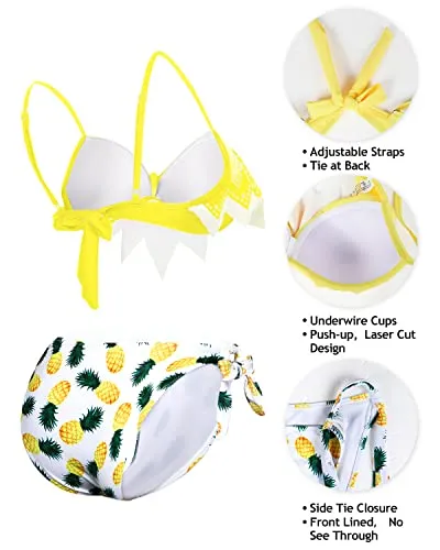 Pretty Laser Cut Out Pattern Bikini Sets With Ruffle Top & Bottom For Teen Girls-Yellow White Pineapp