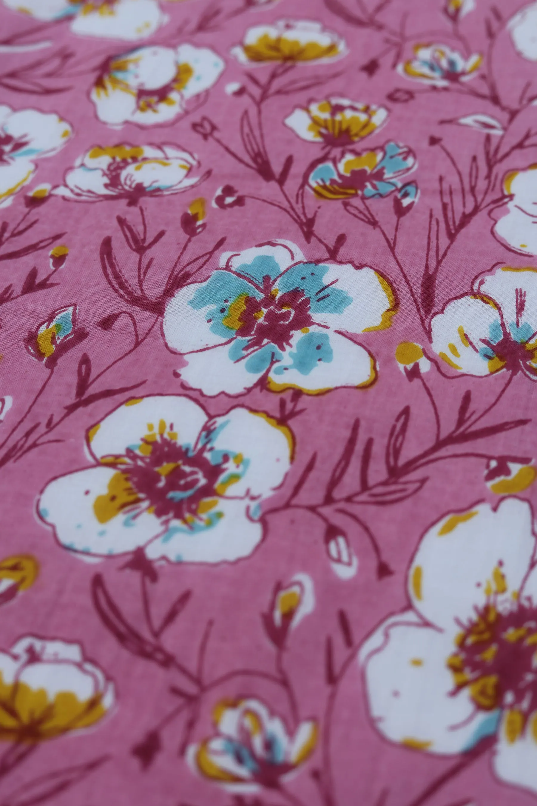 Pure Cotton Light Pink Floral Hand Block Printed Fabric