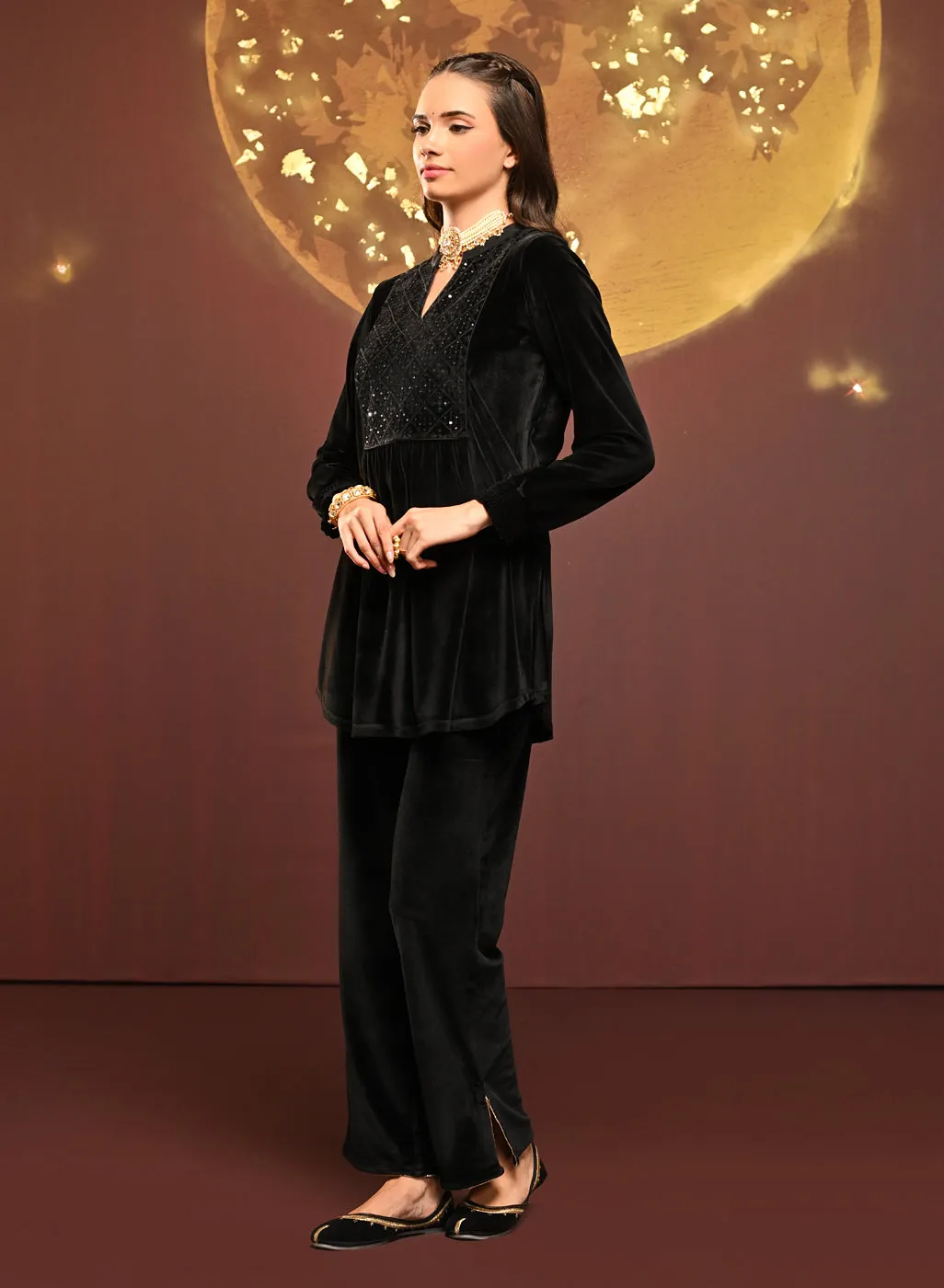 Qainaat Black Embroidered Velvet Top for Women