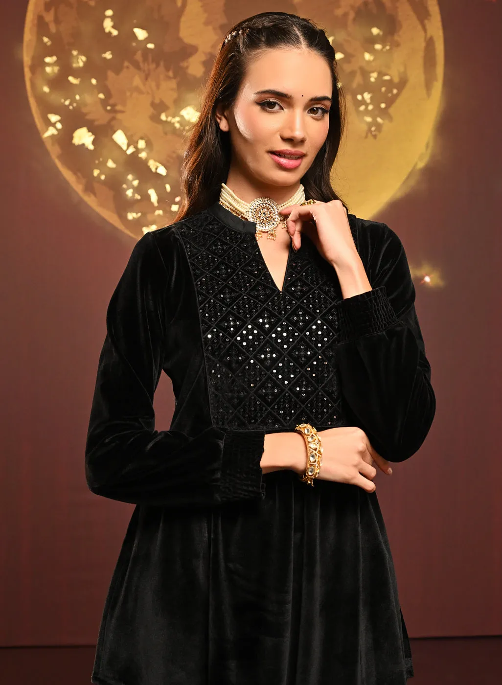 Qainaat Black Embroidered Velvet Top for Women